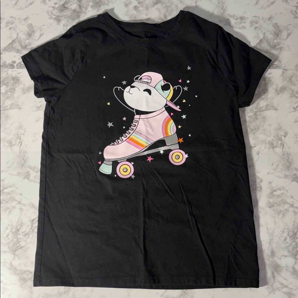 Cat & Jack Black T-Shirt with Roller Skating Panda Size Medium 7/8